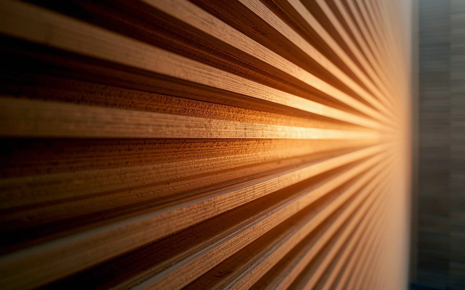 Nahaufnahme gestapelter Holzlamellen im warmen Licht