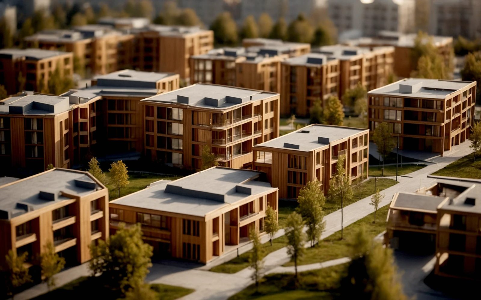 Modell eines nachhaltigen Stadtquartiers mit Holzgebäuden und Grünflächen