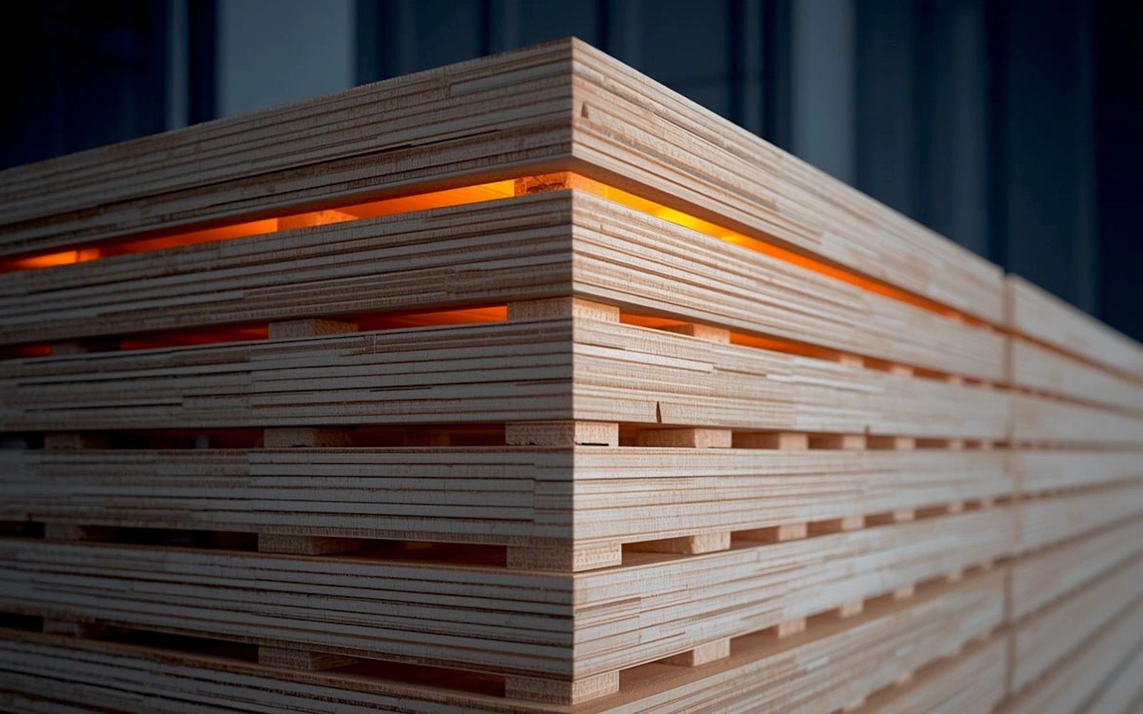 Gestapelte Brettschichtholz- und Konstruktionsvollholz-Bauteile als Symbol für BSH, KVH, Querschnitte und dokumentierte Lieferlogik