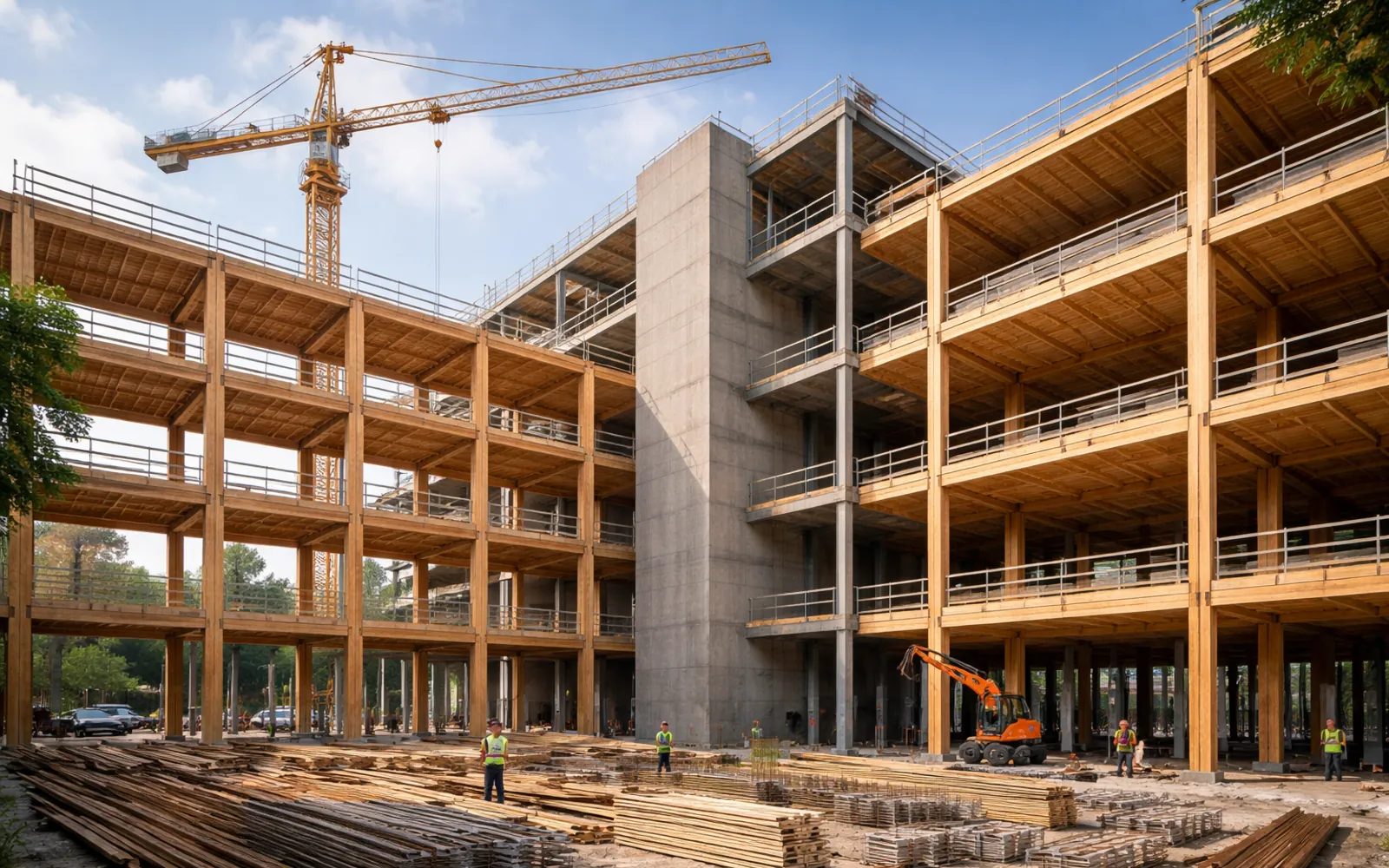 Mehrgeschossiger Hybridbau mit Holz im Rohbau mit sichtbarer Holztragstruktur, Stahlbetonkern und Vorfertigungskontext