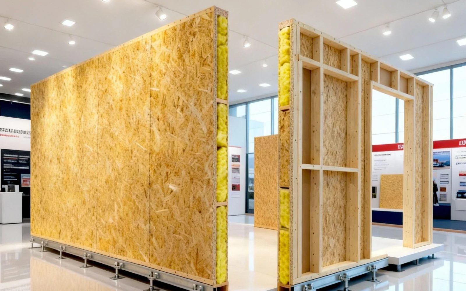 Vorgefertigtes Holzrahmen-Wandelement mit OSB-Beplankung und Dämmschicht im Querschnitt