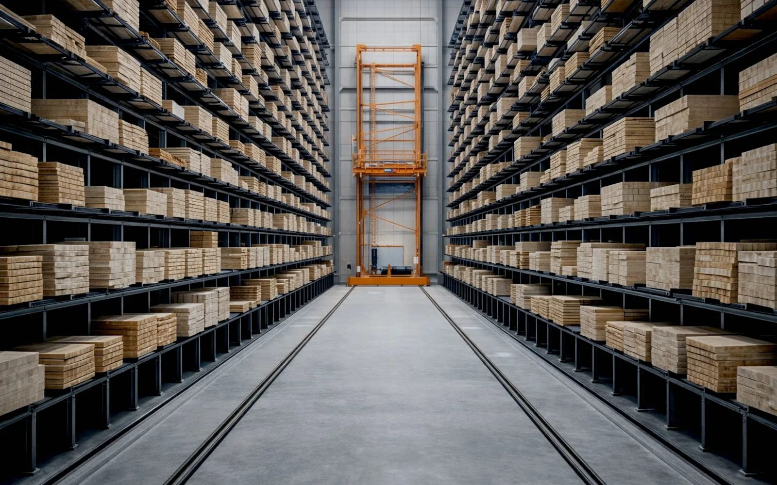 Hochregallager mit Holzpaketen – Symbolbild für Lieferlage und Verfügbarkeit im Holzbau