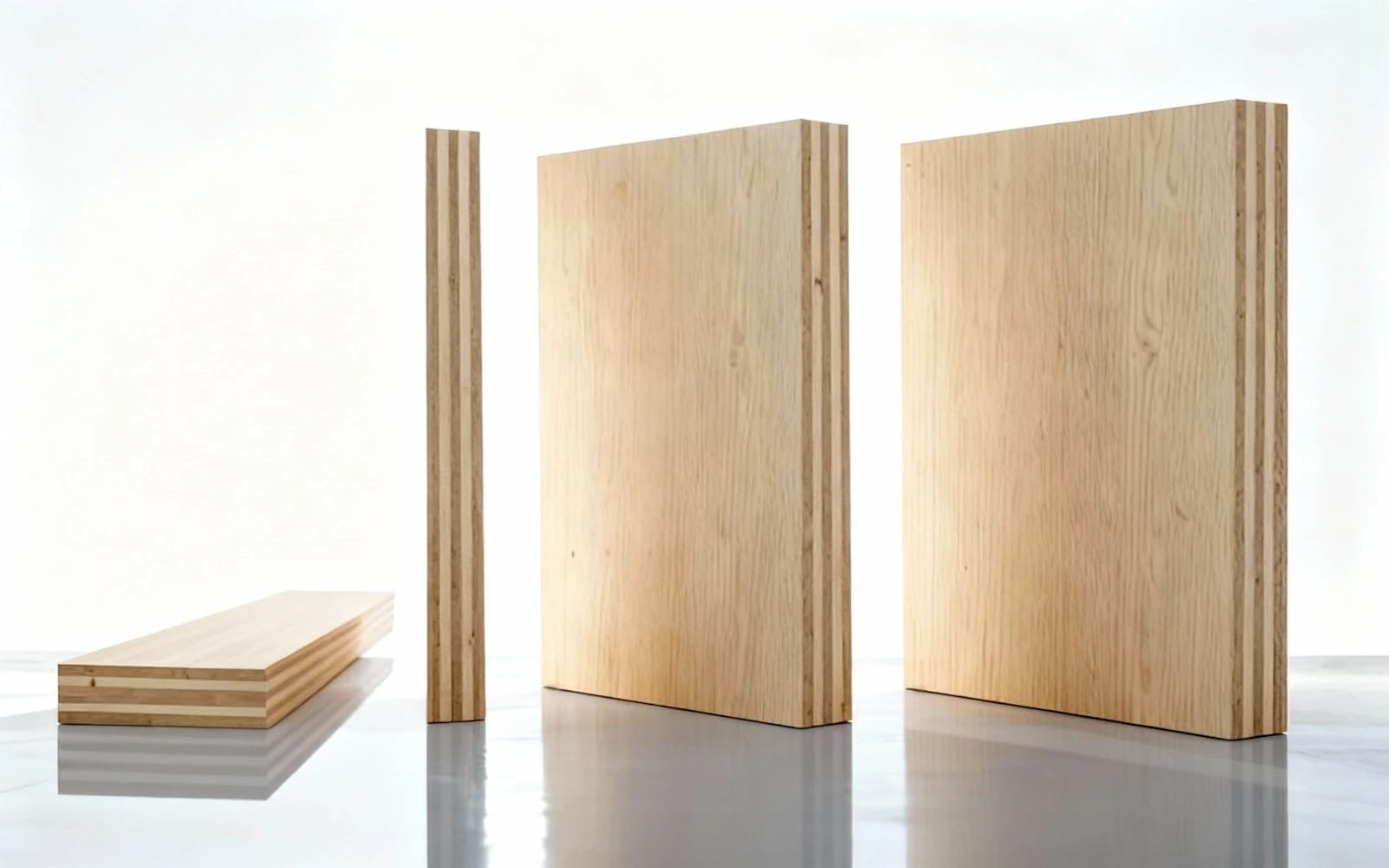 Brettsperrholz (CLT)-Platten und Holzträger im Querschnitt vor hellem Hintergrund