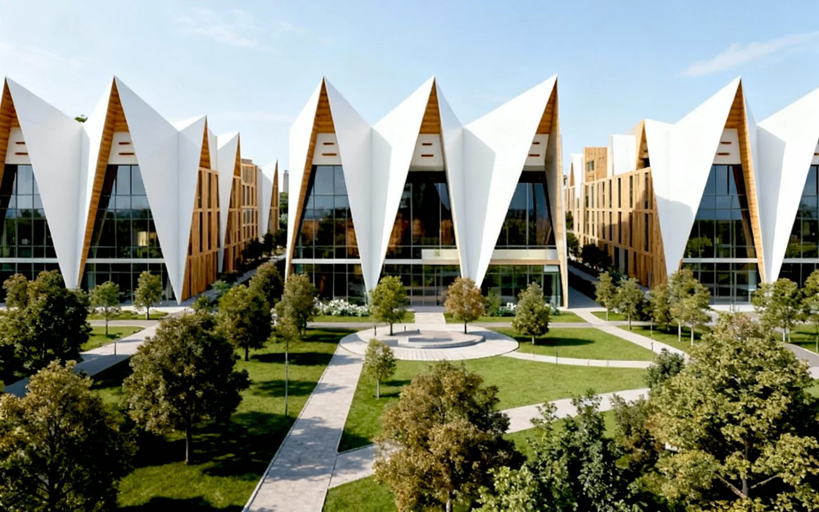 Quartier mit modularen Holzgebäuden als Symbol für standardisierte, dokumentierbare und zirkulär gedachte Bauprozesse