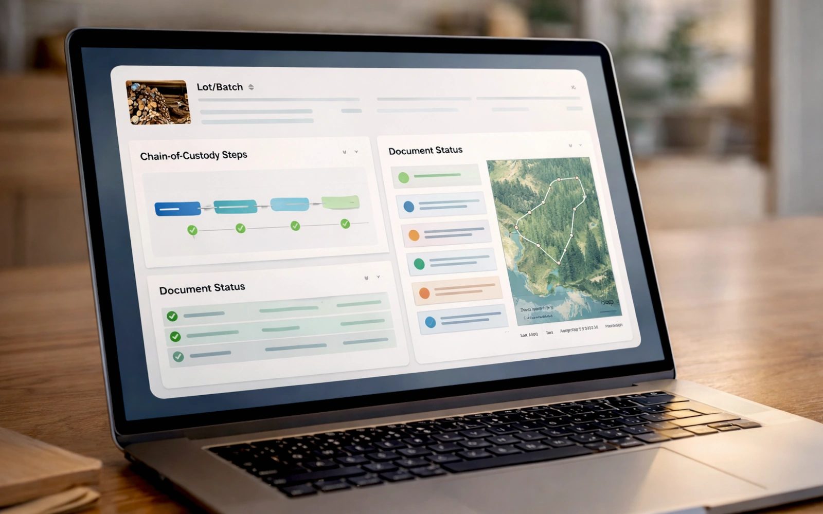 Laptop mit Dashboard einer Nachweis- und Dokumentenlogik: Los oder Charge, Lieferstufen, Dokumentenstatus und Kartenansicht als Symbolbild für strukturierte Rückverfolgbarkeit.