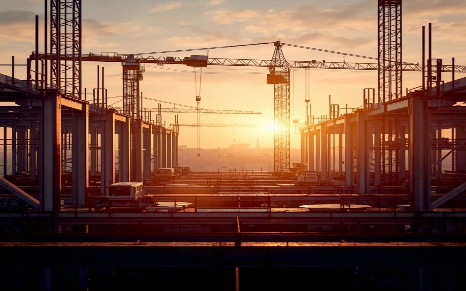 Großbaustelle mit mehreren Baukränen bei Sonnenuntergang; Rohbau und Montageflächen im Vordergrund